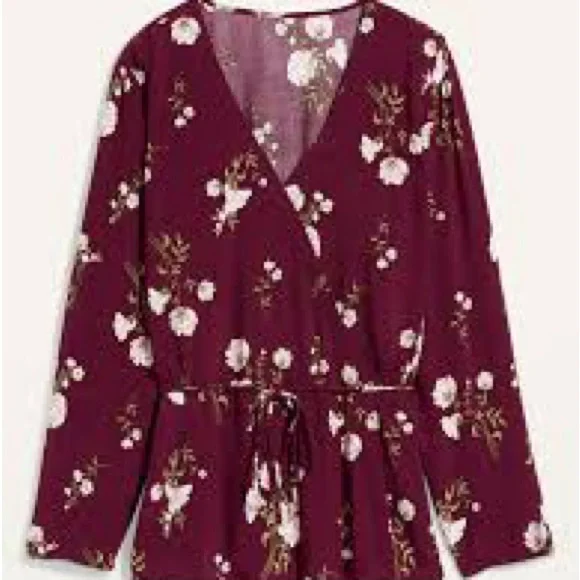 Old Navy Burgundy Floral Long Sleeve Tie-Waist Blouse - Large Tall - Picture 1 of 7